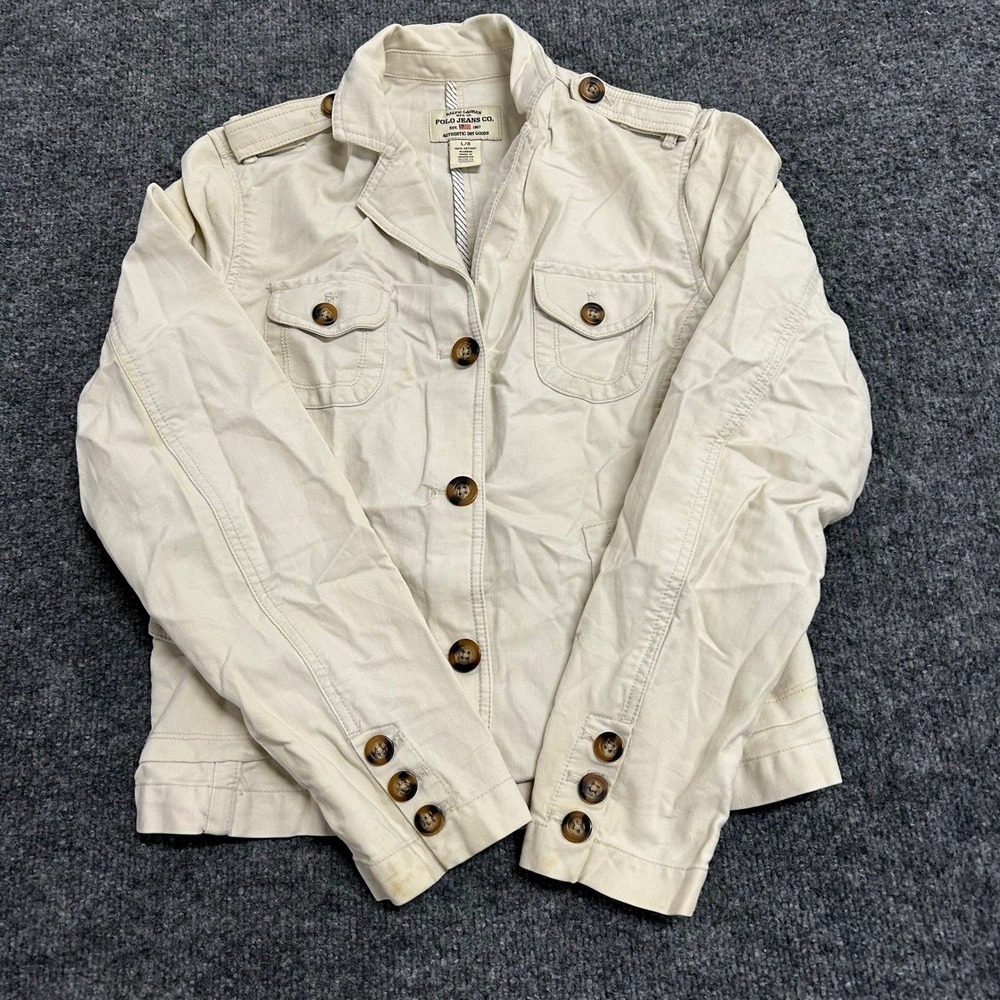 Ralph Lauren Utility Jacket Womens Size Large Beige Cotton Military Safari Coat